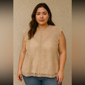 Cable & Gauge Beige Lace Sleeveless‎ Top 3X – Romantic Boho Cottagecore Blouse